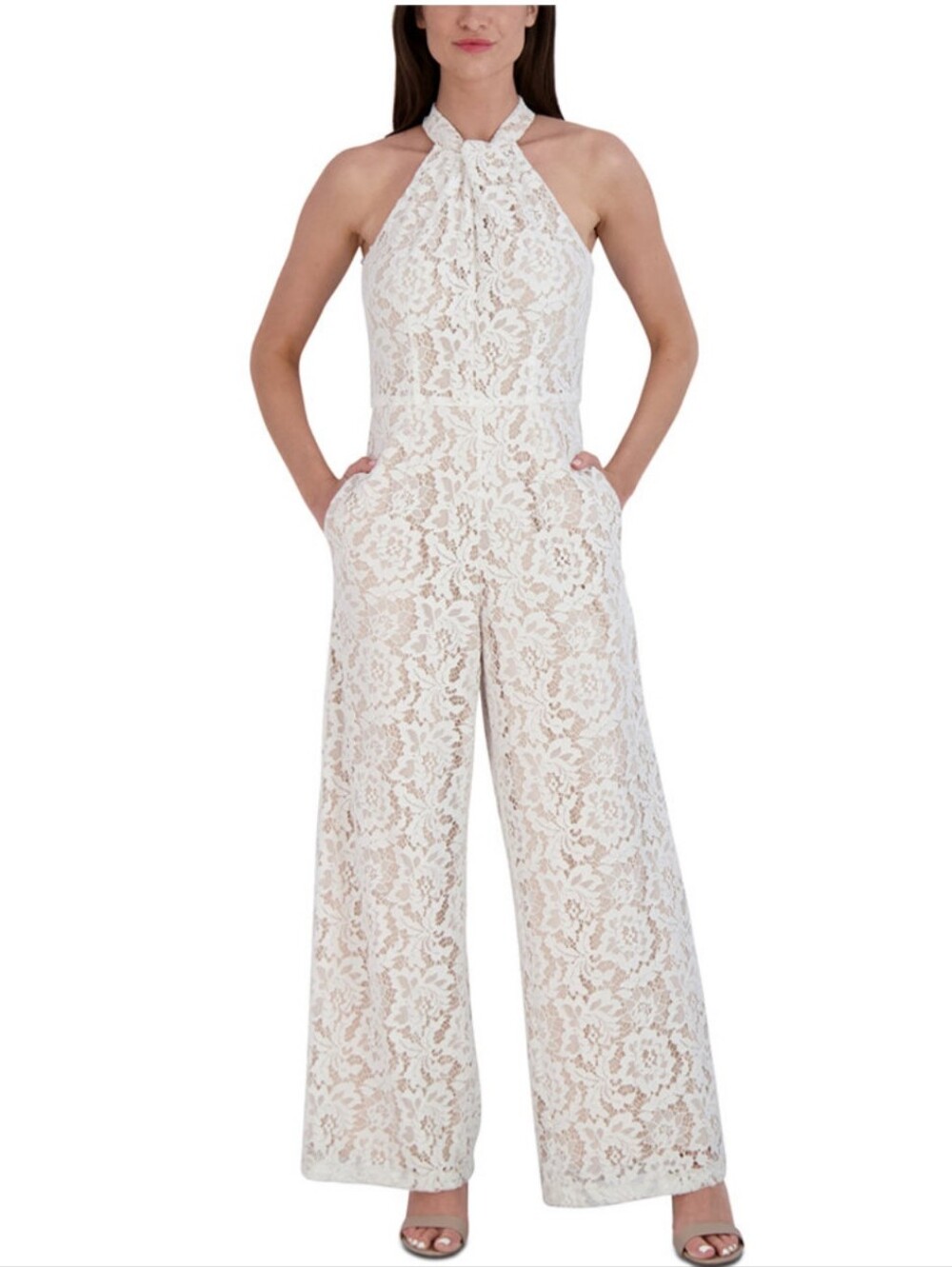Julia Jordan Full Lace Ivory Nude Twisted Halter-Neck Wide-Leg Jumpsuit Size 12